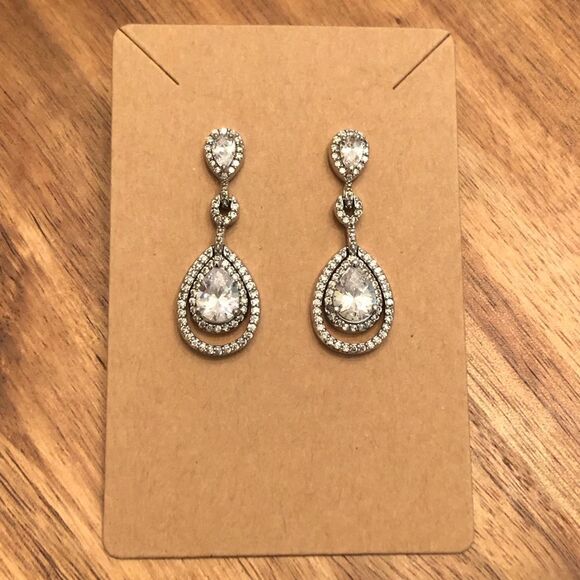 CZ Teardrop Earrings | Silver Tone | 1.5” Length - Picture 1 of 3